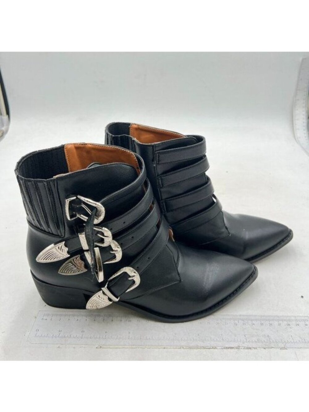 Black Women Classic Pointed Toe Buckles Ankle Boots Block Low Heel Ladies Shoes